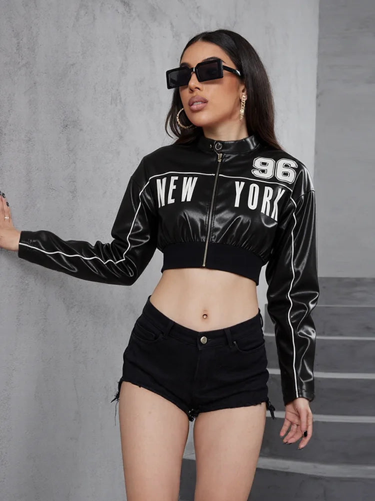 Weird Puss PU Patchwork Women Jacket Letter Print Hipster Button Zip Full Sleeve Trend Cool Street  Spring Outwear Crop Coat