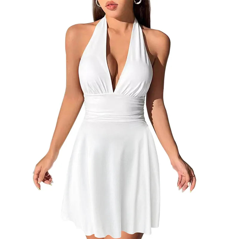 Hot-selling banded women's V-neck skirt Europe and the United States summer sexy backless pleated dress mini skirt