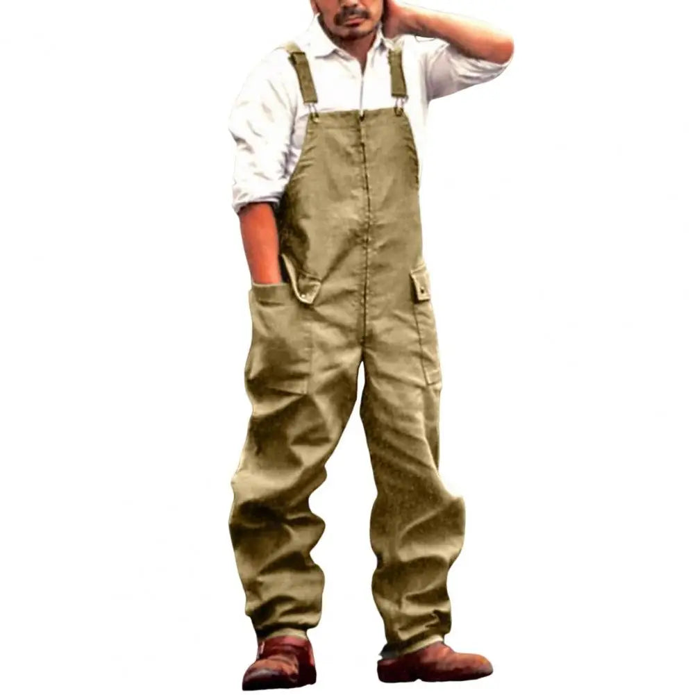 Men Denim Jumpsuit Casual Retro Style Loose Fit Overalls With Large Pockets Thick Fabric Cargo Plus Size Streetwear Jumpsuit