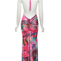 kliou Summer Women Mid-Calf Streetwear Mesh Dress K23D33078 Girl Mul-ti color Print Halter Backless Vestido Slim Shirring Robe