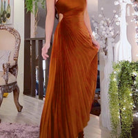 Women Elegant Long Dress Summer Sleeveless One-shoulder Pleated Hollowed Irregular Dress for Cocktail Party Beach Sundress Y2K