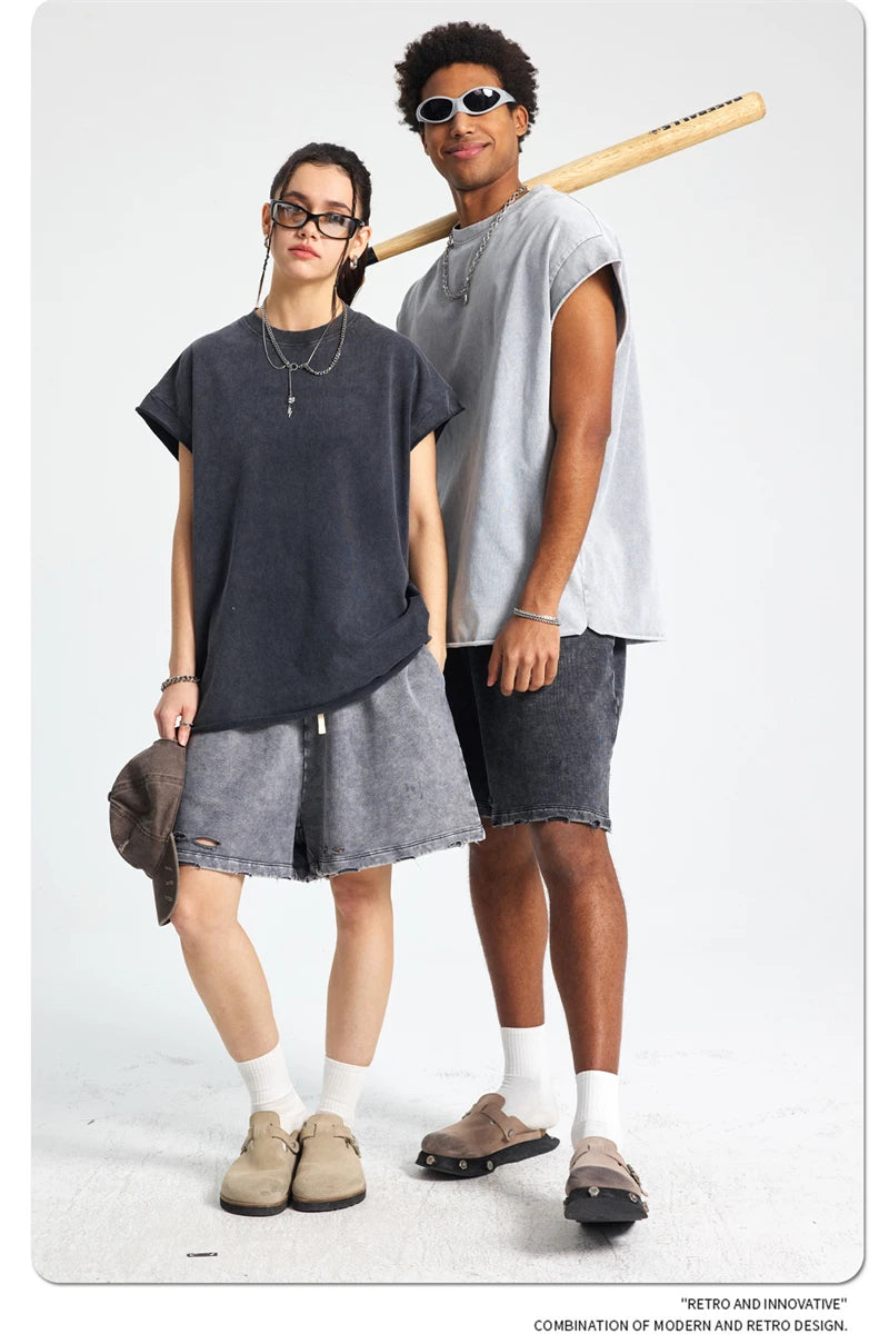 ZODF Trendy Summer Men Batik Washed 275gsm Cotton Tank Tops Unisex Oversized Loose Edge Sleeveless Vests Brand Tees HY1036