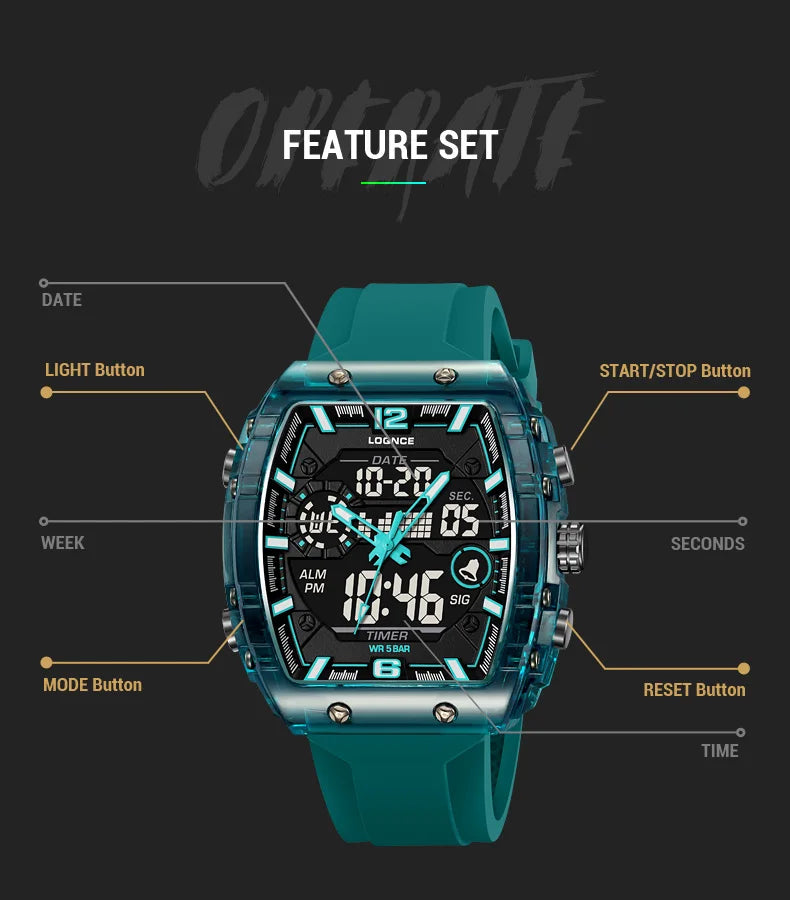LOQNCE Sports Watches Fashion Men Watches 50m Waterproof Rectangle LED Big Dial Display Digital Watches LED Wristwatches Men