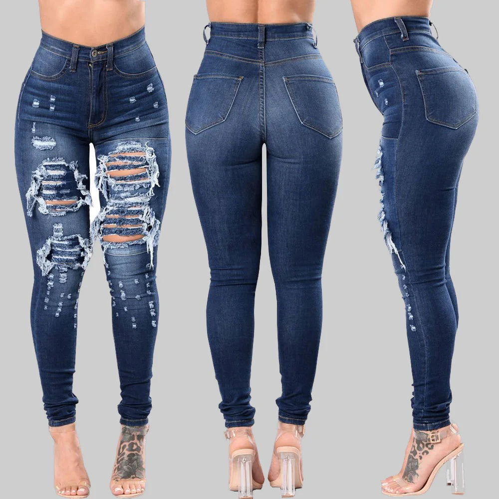 HOLE Denim Women 2025 High Waist Ripped Jeans for Women Skinny Black Pockets Jeans Woman Elastic Slim Jean Female Femme Pants