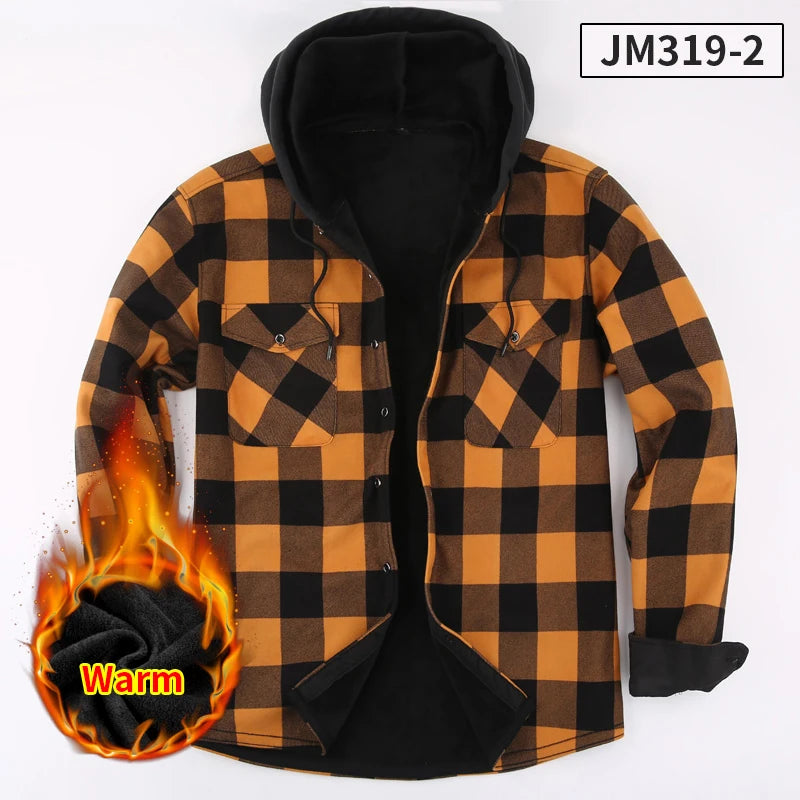 Fashion korean popular clothes winter Adding velvet and thickening long-sleeve shirts for men casual Hooded jacket plaid tops