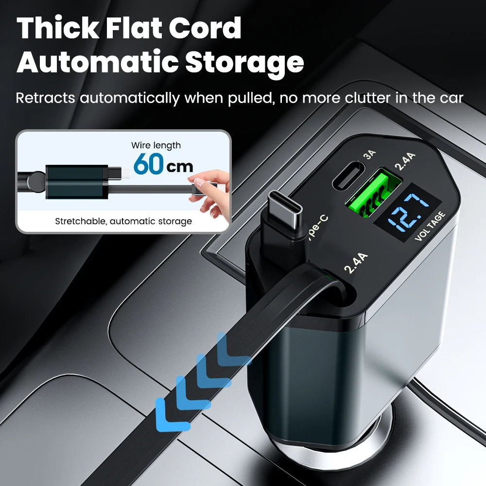 Elough 4 IN 1 Retractable Car Charger Fast Charging USB C To USB C ios Cable Charger USB Type C Car Adapter For iPhone Huawei