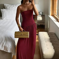 Mozision Off-shoulder Strapless Pleated Sexy Maxi Dress Women Fashion Backless Sleeveless High Waist Ruched Long Dress Elegant
