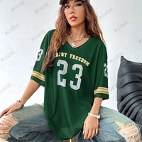 Summer New Black Enjoy Freedom 23 Print T-Shirt For Women V-Neck Short Sleeve Mesh Sports Football Jersey Y2K Oversized Tops