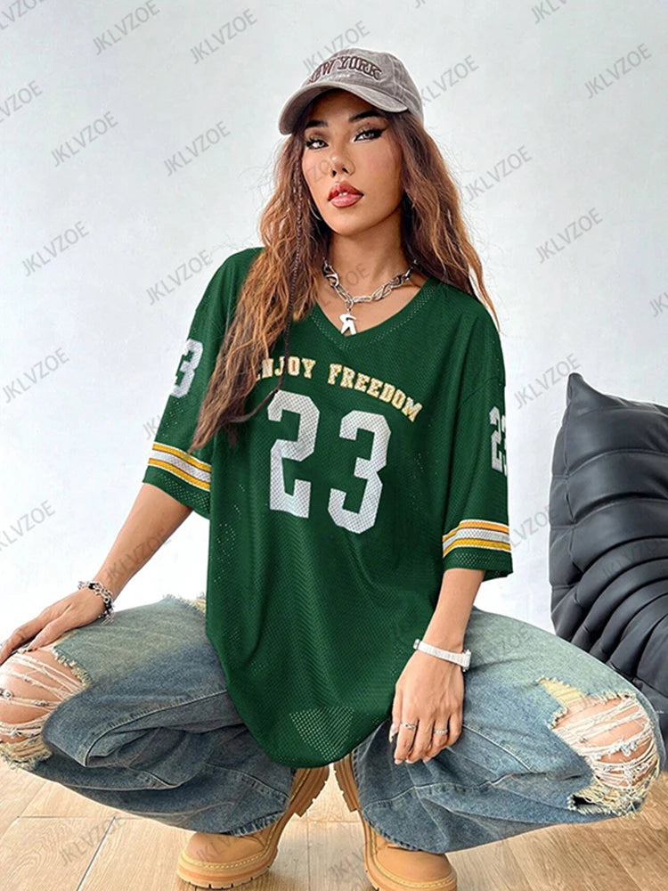 Summer New Black Enjoy Freedom 23 Print T-Shirt For Women V-Neck Short Sleeve Mesh Sports Football Jersey Y2K Oversized Tops