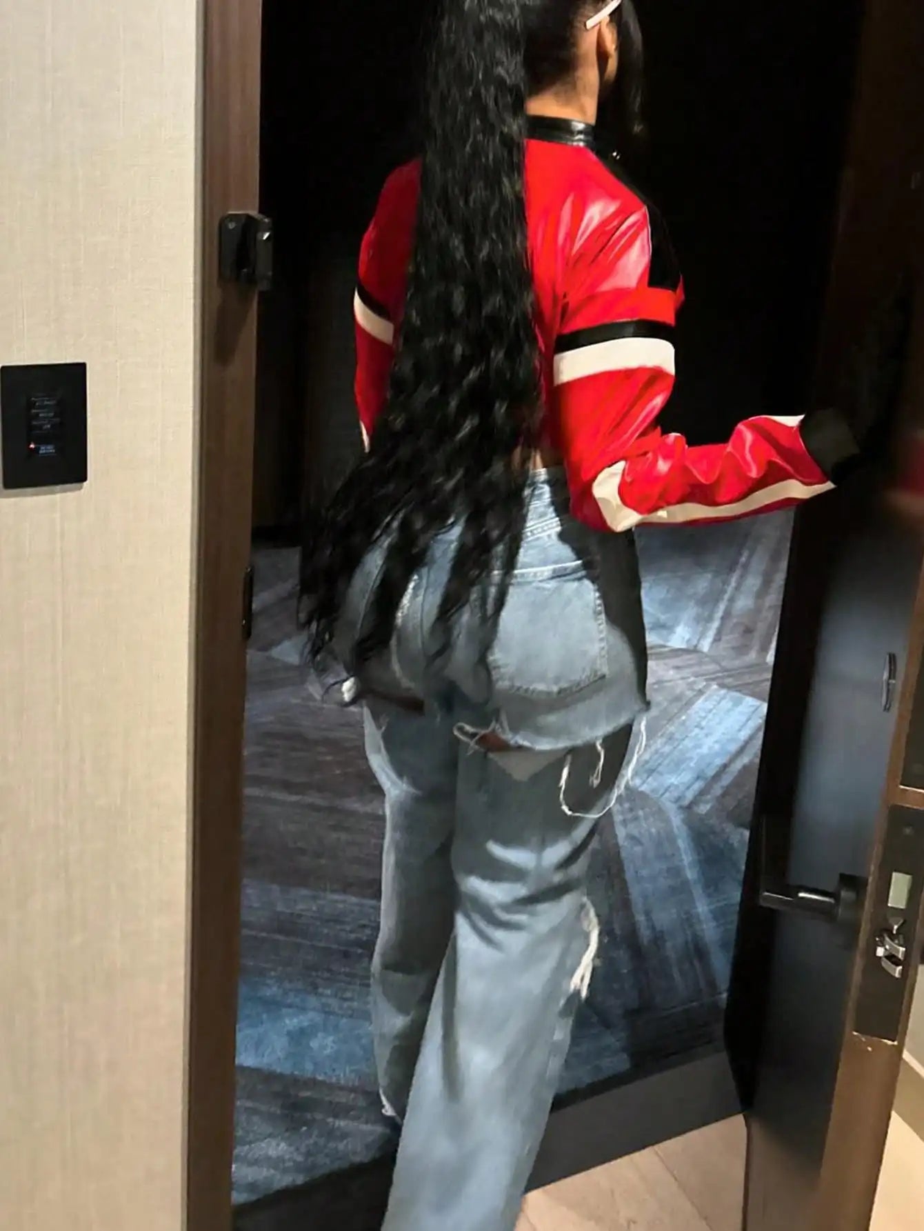 Women's Red Faux Leather Zipper Bomber Jacket - Short Casual Coat for Christmas/New Year Party Outfits