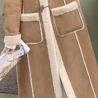 2025 Autumn Winter Women's Simple and Chic Long Coat with Button Design Lamb Wool Collar, Versatile and Stylish for Casual Wear