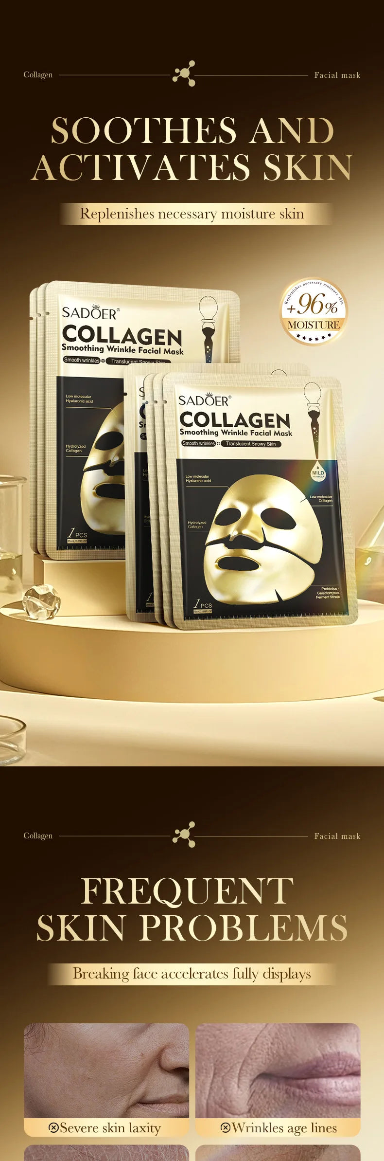 SADOER Golden Collagen Facial Masks Moisturizing Anti-Aging Anti Wrinkles Face Mask Sheet Collagen Masks Skin Care Product