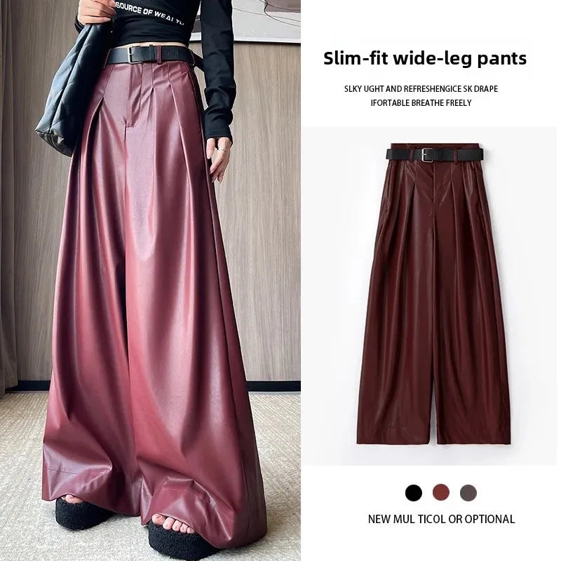 High Waist Wide Leg PU Leather Pants Women's Suit Casual Floor Length Trousers Autumn Winter New Style Loose Fit Long Pants