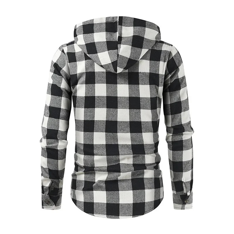 Men's New Plaid Hooded Sweater Long Sleeve Casual Thin Jacket Stand Hooded Shirt European Style Fashionable Outwear