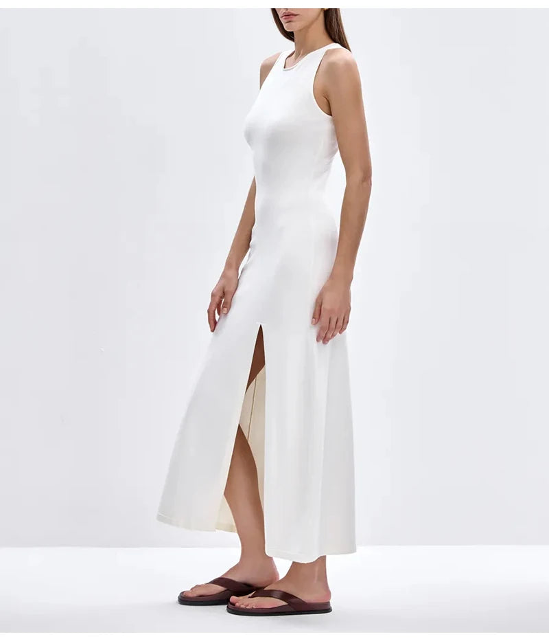 Knit Sleeveless Dresses For Women Long Elegant White High Slit Dress Bodycon Ladies Office Skinny Maxi Tank Rib Dress Female