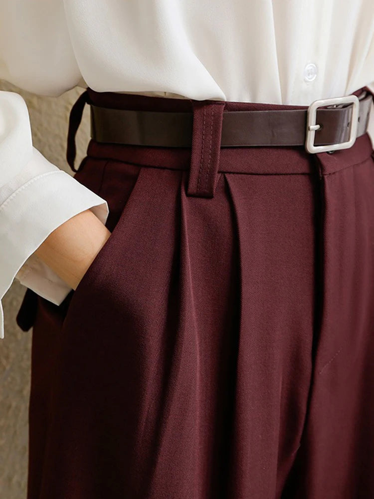 2025 New Burgundy Suits Pants for Women Office Lady Elegant High Waist Wide Leg Fashion Trousers with Pockets Black Gray