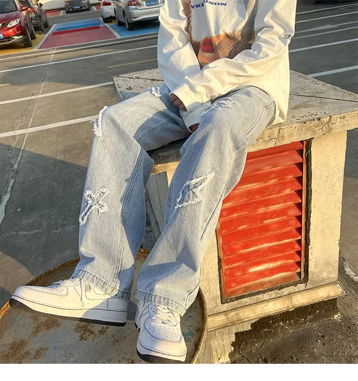 Cross Embroidery Y2k Jeans Mens Straight Denim Pants Casual Vintage Jeans Versatile Fashion Streetwear Spring High Street Pants