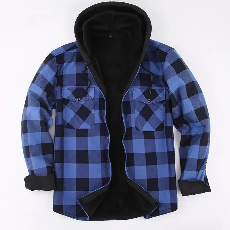 Plus Size Men's Hooded Plaid Shirt Warm Fleece Lined And Thickened Top Long Sleeve Outerwear For Autumn/Winter