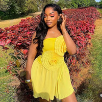 Joskaa 2025 Summer Women 3D Flower Decorate Strapless Pleated Irregular Hem Mini Dress Holiday Beachwear Party Clubwear S-XXL