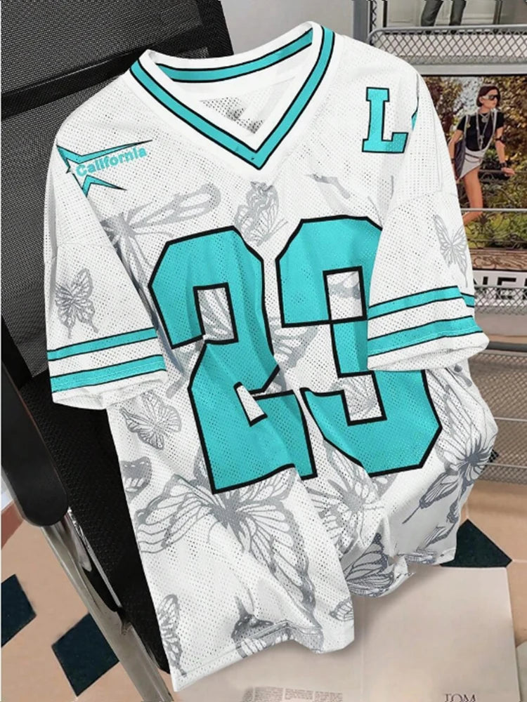 Summer Fashion Butterfly 23 Print TShirt For Women V-Neck Mesh Hole Short Sleeve Sports Football Jersey Y2K Loose Women Clothing
