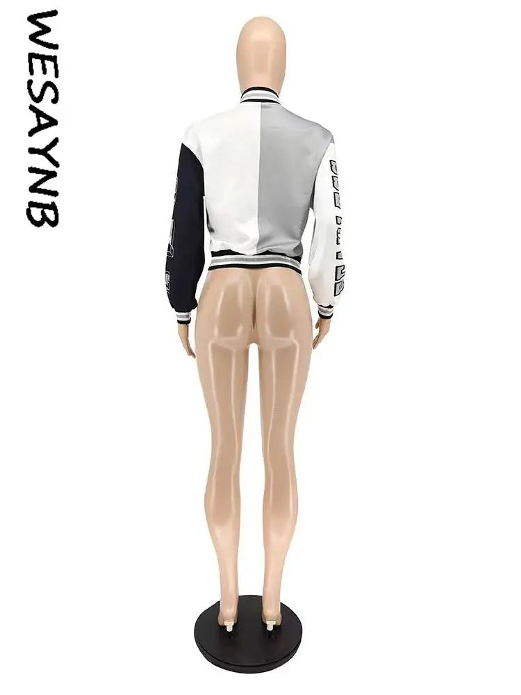 Winter Fall Jacket For Women Coat Trend O Neck Buttons Cropped Top Jacket Patchwork Baggy Blue Female Outerwear varsity jacket