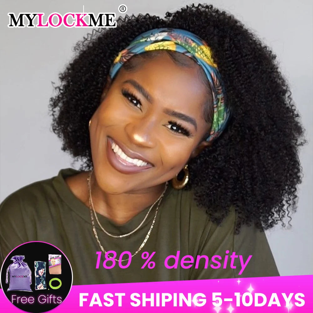 Headband Wig Human Hair Kinky Curly MYLOCKME No Glue Full Machine Made Brazilian Remy Human Hair Wigs For Women 180% Density