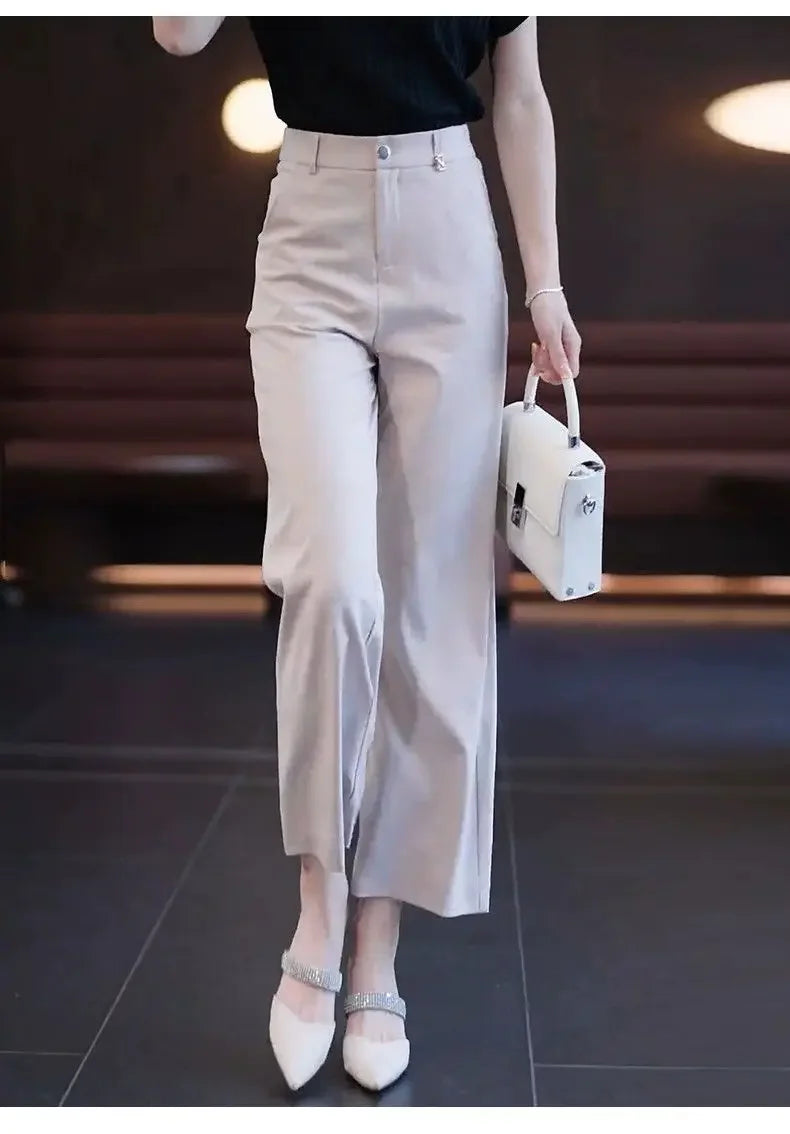 Nine-point Wide-leg Pants for Women in Summer Thin New High-waist Drooping Ice Silk Suit Women's Slim Straight Pants