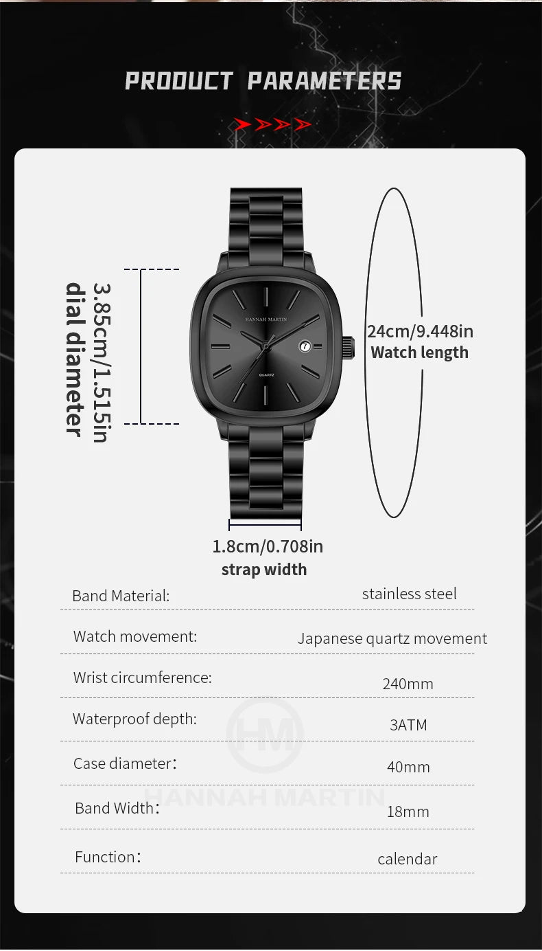 Japanese Movement Square Fashion Stainless Steel Strap Original Business Style Silver Black Waterproof 3Bar Quartz Watch for Men