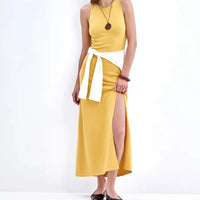 Knit Sleeveless Dresses For Women Long Elegant White High Slit Dress Bodycon Ladies Office Skinny Maxi Tank Rib Dress Female