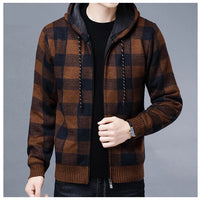 Men Sweater Jacket Fashion Winter Coat Fleece Hoodies High Quality Luxury Checkered Hooded Knit Cardigan Male Outer Wear