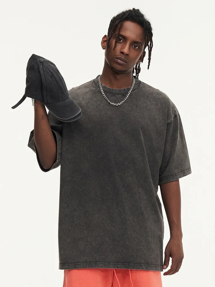 Summer men's washed T-shirt women's cotton loose round neck oversized T-shirt men's Korean Y2k top casual retro