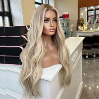 Lace Wig Ombre Warm Blonde Highlights Synthetic Hair Wigs Invisible Lace with Light Brown Roots Slight Wavy