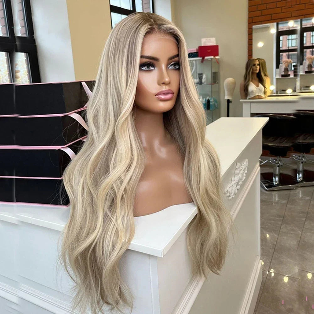 Lace Wig Ombre Warm Blonde Highlights Synthetic Hair Wigs Invisible Lace with Light Brown Roots Slight Wavy