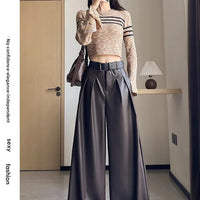 High Waist Wide Leg PU Leather Pants Women's Suit Casual Floor Length Trousers Autumn Winter New Style Loose Fit Long Pants