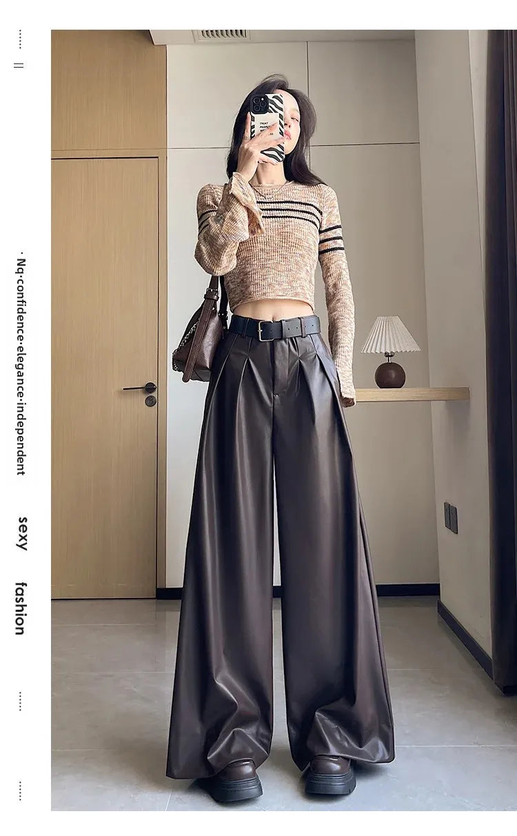 High Waist Wide Leg PU Leather Pants Women's Suit Casual Floor Length Trousers Autumn Winter New Style Loose Fit Long Pants