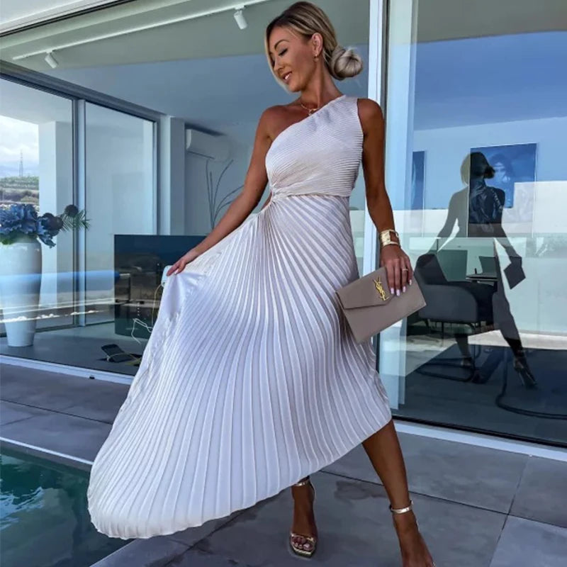 Ardm Elegant Oblique Shoulder Pleated Asymmetric Summer Dresses For Women 2023 Sexy Backelss Hollow Out Party Maxi Dress Vestido