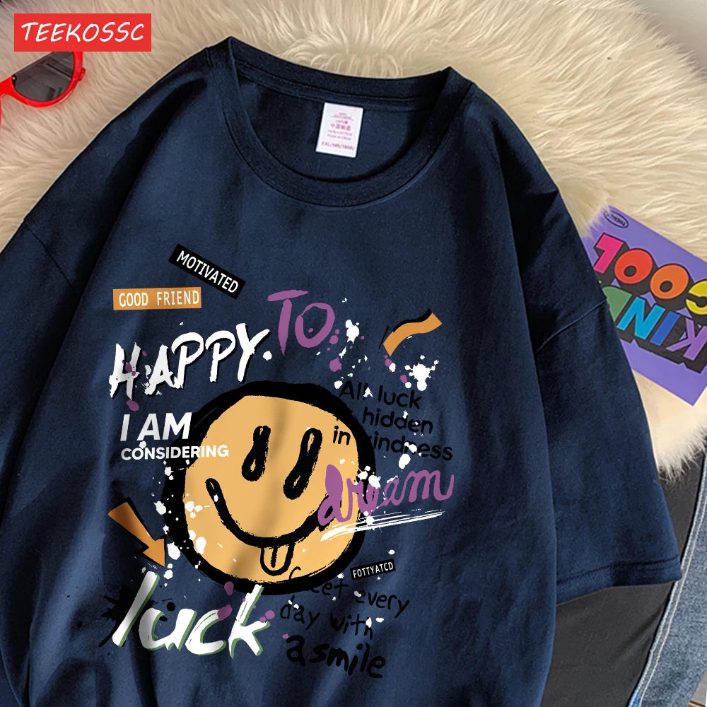 Summer Cotton Women T-Shirts Fun Graffiti Cute Smiling Face Prints Tees Breathable Loose O-Neck Casual Street Female Clothes
