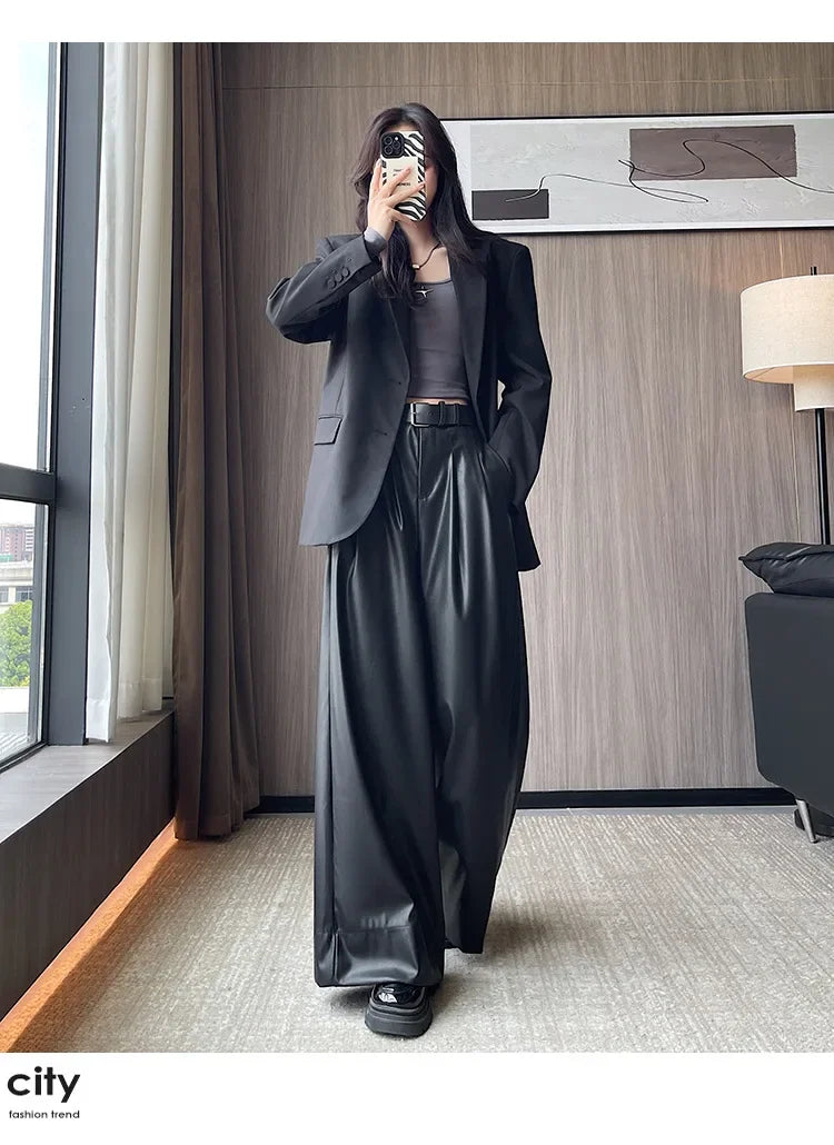 High Waist Wide Leg PU Leather Pants Women's Suit Casual Floor Length Trousers Autumn Winter New Style Loose Fit Long Pants