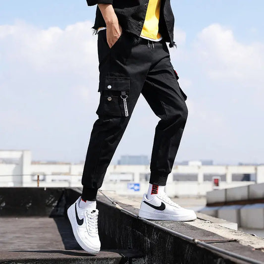 Hot Men's Selling Fashion Solid Color Leg Tied Pants with Multiple Pockets Men Work Pants Loose Casual Outdoor Trousers