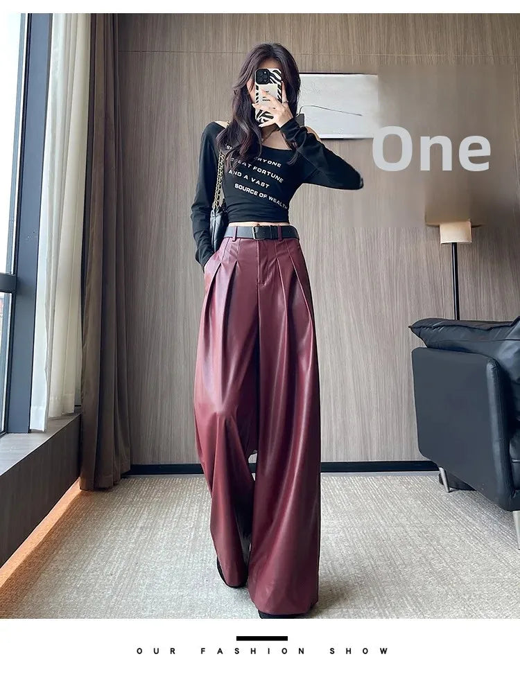 High Waist Wide Leg PU Leather Pants Women's Suit Casual Floor Length Trousers Autumn Winter New Style Loose Fit Long Pants