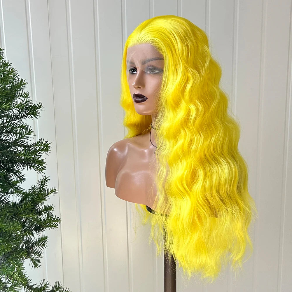 AIMEYA Yellow Hair Cosplay Synthetic Lace Front Wigs for Women Long Loose Wave Wig Free Part Heat Resistant Fiber Synthetic Wig