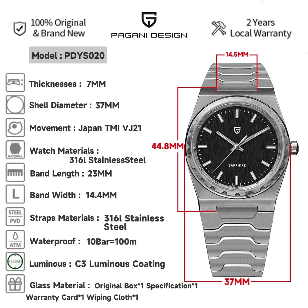 2025 New PAGANI DESIGN Men's Quartz Watch 37MM VJ21 Sapphire Stainless Steel Waterproof Wristwatches Reloj Hombre PDYS020