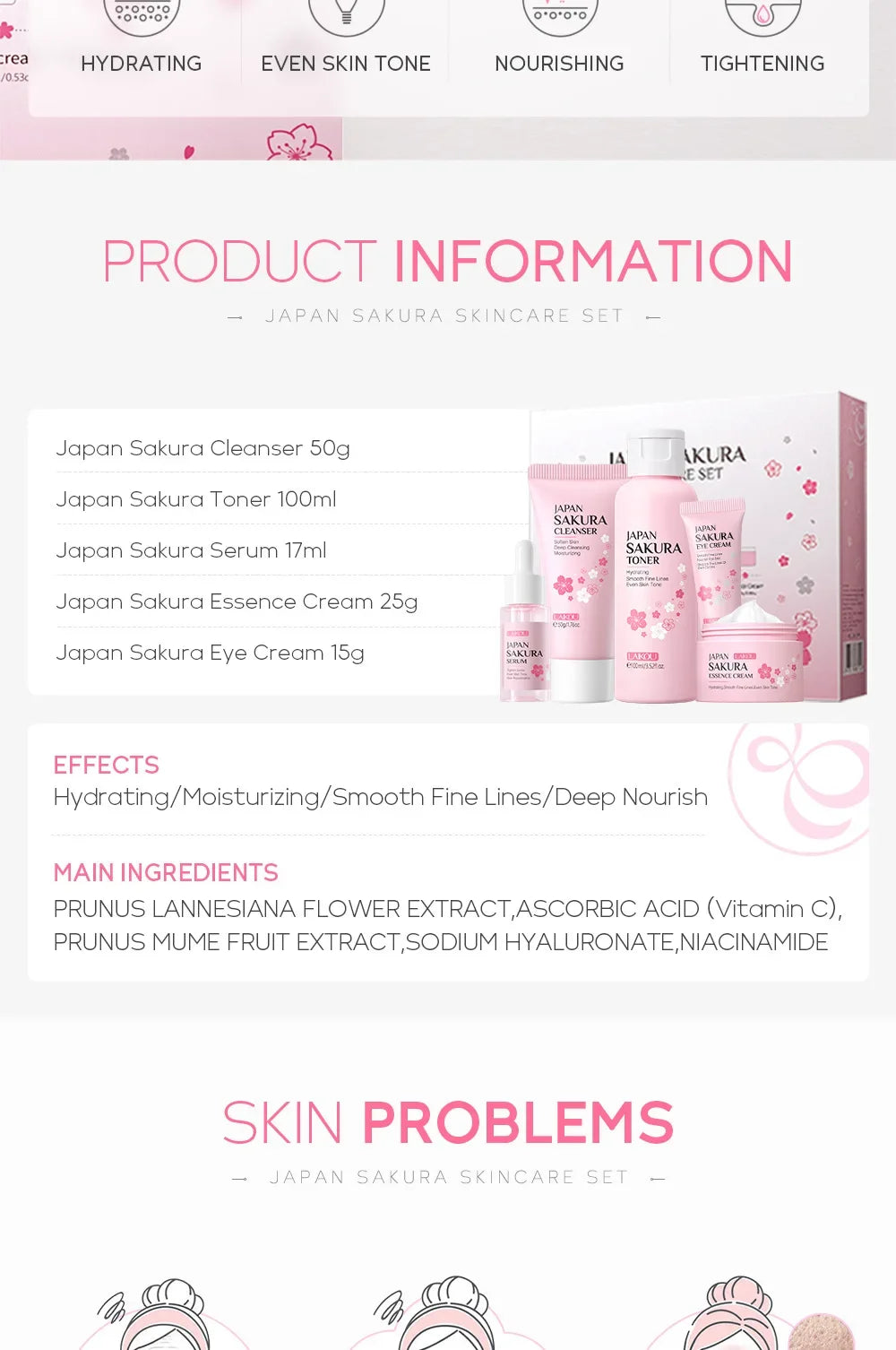 LAIKOU Sakura Kit Skin Care Sets Moisturizing and Reducing Fine Lines Cleansing Pore Product 5-Piece Korean Christmas Gift Set