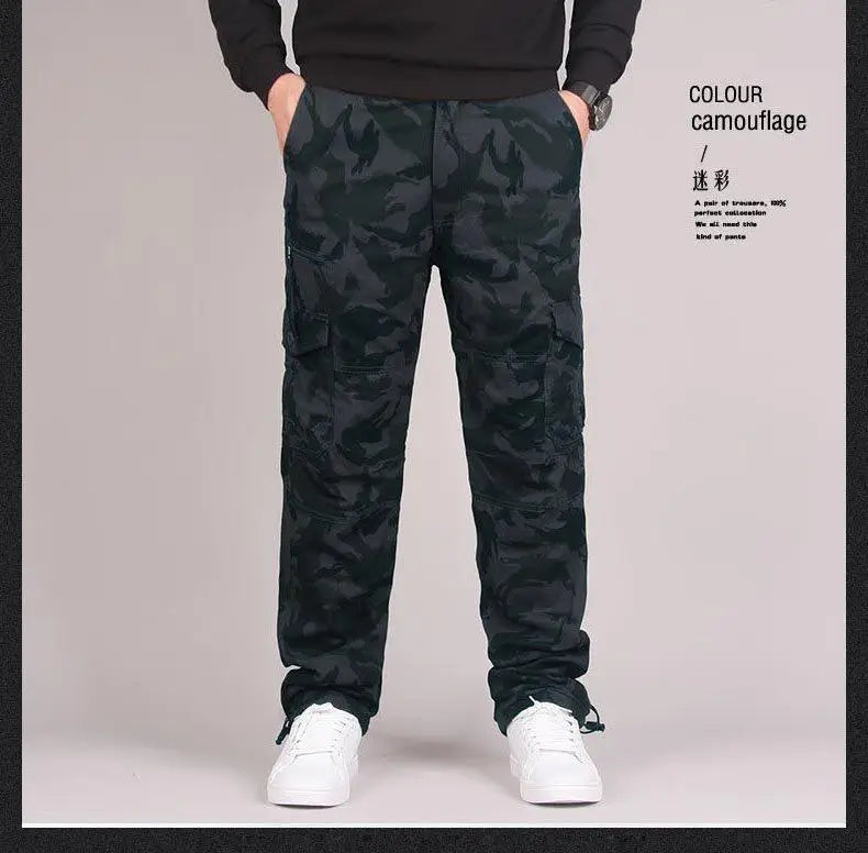 Autumn Winter Mens Cargo Pants Fleece Warm Trousers Cotton Pants Insulated Hiking Running Pants Man Multiple Pockets