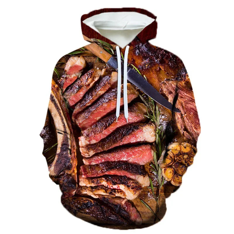 3D Printing Steak Salad French Fries Food Hoodie For Men Long Sleeves Hooded Sweatshirt Hamburger Pattern Casual Pullovers