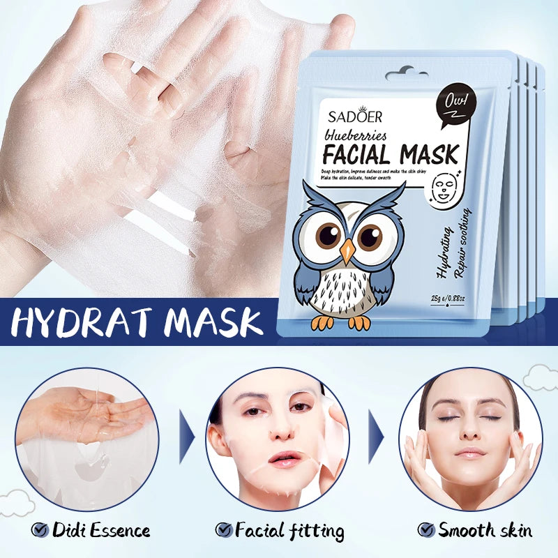 5pcs SADOER Cartoon Fresh Fruit Facial Mask Anti Wrinkle Moisturizing Soothing Brightening Hydrating Face Mask Skin Care