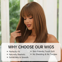Light Brown Synthetic Wigs with Bangs Straight Shoulder Length Chocolate Brown Wig for Black White Women Heat Resistant Daily