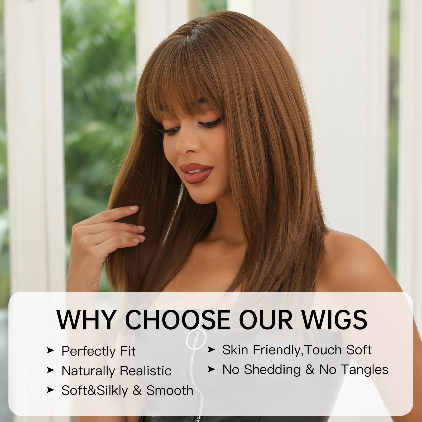 Light Brown Synthetic Wigs with Bangs Straight Shoulder Length Chocolate Brown Wig for Black White Women Heat Resistant Daily