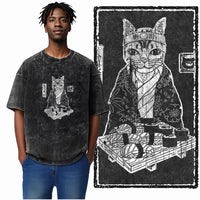 COOLMIND DB cat Printed Cotton Acid Washed Exclusive Graphic Unisex T Shirt Cool Streetwear Men Tshirts Big Size Tee for men