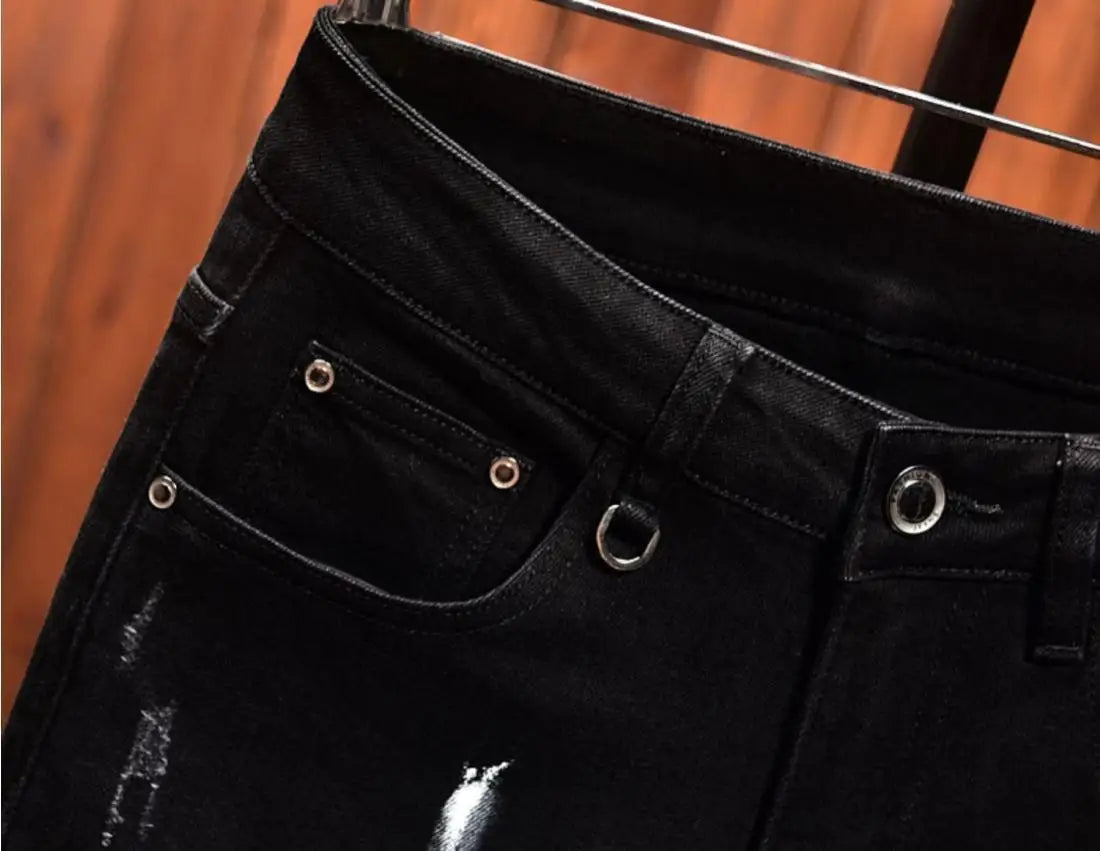 Fashion Trendy Slim Denim Jeans Men Distressed Ripped Holes Patches Spring Autumn Casual Design Korean Luxury Clothing Trousers